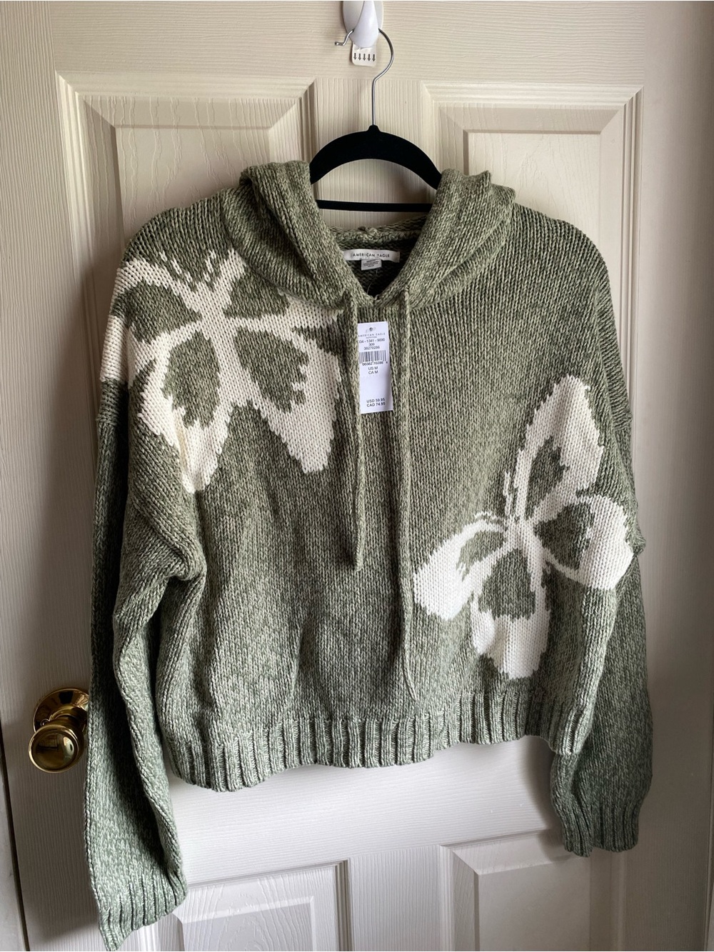 American Eagle Outfitters Olive & White Butterfly Hooded Knit Sweater